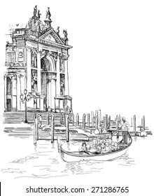 Venice - Cathedral of Santa Maria della Salute. The gondolier floats on a gondola with tourists. Vector black & white sketch