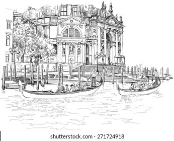 Venice - Cathedral of Santa Maria della Salute. The gondolier floats on a gondola with tourists. Vector black & white sketch