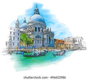 Venice - Cathedral Of Santa Maria Della Salute - Vector Drawing