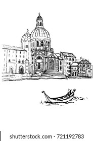 Venice - Cathedral of Santa Maria della Salute - vector sketch.The gondoliers floats. Black & white sketch.Cityscape Vector Illustration Line Sketched Up.Italy.Hand drawn sketch of European city.