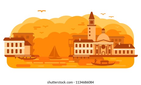 Venice city of Italy gondola .Sea landscape canal sunset.Gondolier rowing oar.Architecture cityscape.Travel tourism flat vector.The European downtown in Italy skylines.