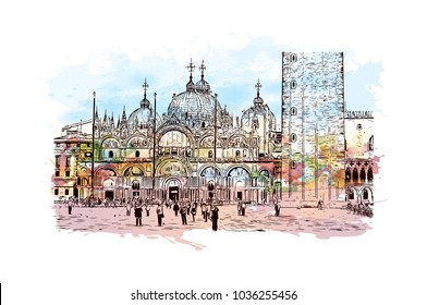 Venice City in Italy. Historic places with river and building view of Venice. Watercolor splash with hand drawn sketch illustration in vector.