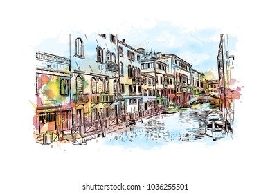 Venice City in Italy. Historic places with river and building view of Venice. Watercolor splash with hand drawn sketch illustration in vector.