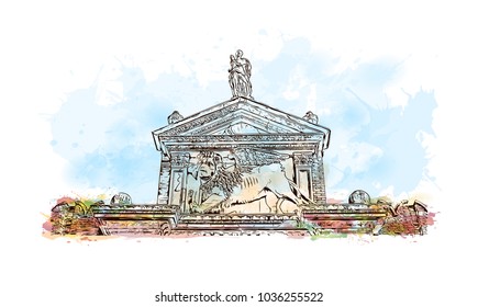 Venice City in Italy. Historic places with river and building view of Venice. Watercolor splash with hand drawn sketch illustration in vector.