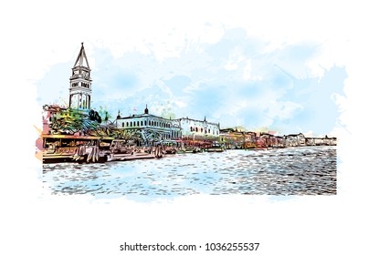 Venice City in Italy. Historic places with river and building view of Venice. Watercolor splash with hand drawn sketch illustration in vector.