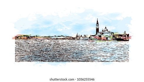 Venice City in Italy. Historic places with river and building view of Venice. Watercolor splash with hand drawn sketch illustration in vector.