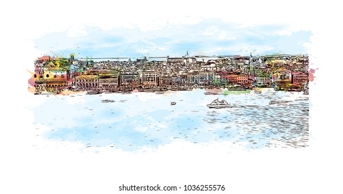 Venice City in Italy. Historic places with river and building view of Venice. Watercolor splash with hand drawn sketch illustration in vector.