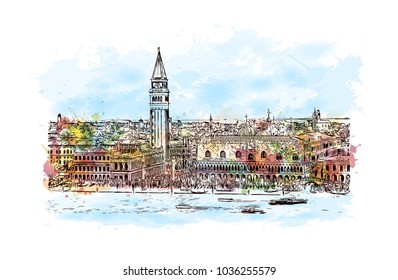 Venice City in Italy. Historic places with river and building view of Venice. Watercolor splash with hand drawn sketch illustration in vector.