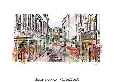 Venice City in Italy. Historic places with river and building view of Venice. Watercolor splash with hand drawn sketch illustration in vector.