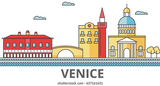 Venice city skyline: buildings, streets, silhouette, architecture, landscape, panorama, landmarks. Editable strokes. Flat design line vector illustration concept. Isolated icons on white background