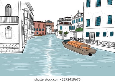 Venice. Cityscape houses and building , canal and boats.  vector sketch illustration
