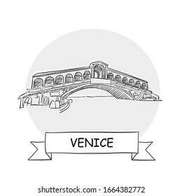 Venice Cityscape Vector Sign. Line Art Illustration with Ribbon and Title.