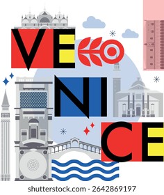 Veneza cultura viagem conjunto, arquiteturas famosas e especialidades em design plano. Viagens de negócios e conceito de turismo isolado em fundo branco. Imagem para apresentação, banner, site, app, anúncio