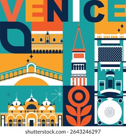 Veneza cultura viagem conjunto, arquiteturas famosas e especialidades em design plano. Viagens de negócios e conceito de turismo isolado em fundo branco. Imagem para apresentação, banner, site, app, anúncio
