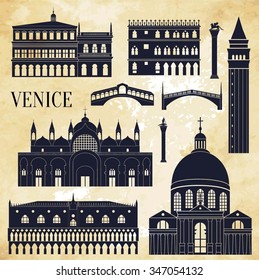 Venice detailed monuments silhouette. Vector illustration