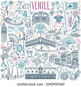 Venice doodle set. Venetian carnival masks, landmarks, italian cuisine and  gondolas. Vector drawing isolated on white background.