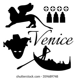 Venice flat icons.  Mask, gondola, lion. Vector.