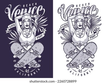 Venice girl skateboarder monochrome flyer two crossed skateboards and portrait of cool tattooed woman in summer clothes vector illustration