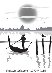 Venice gondola, gondolier rowing o sunset. Italian insular landmark cityscape. Vector Illustration.