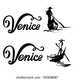 Venice gondola, gondolier rowing oar sign. Italy Travel. Vector lettering sketch Illustration. Branding Identity Corporate logo design template Isolated on a white background