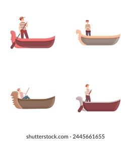 Venice gondola icons set cartoon vector. Italian boat with gondolier. Europe traveling