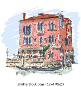 Venice - Grand Canal. Ancient building & gondola. Vector sketch. Eps10