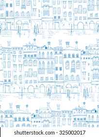 Venice - Grand Canal. The view of embankment. Italy, Europe. Seamless background pattern. Vector illustration. Can be used for t-shirt, textile, greeting card. souvenirs. Line drawing.