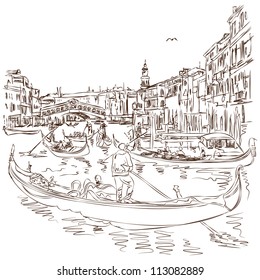 Venice - Grand Canal. View of the Rialto Bridge. Vector sketch