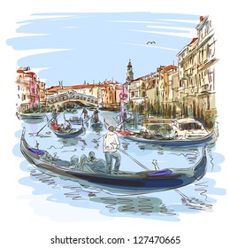 Venecia - Gran Canal. Vista del Puente Rialto. Esbozo vectorial. Eps10