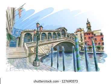 Venice - Grand Canal. View Of The Rialto Bridge. Vector Drawing. Eps10