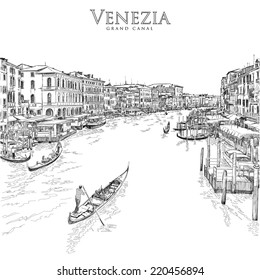 Venice - Grand Canal. The View From The Rialto Bridge. Vector Drawing