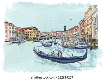 Venice - Grand Canal. View of the Rialto Bridge. Vector drawing