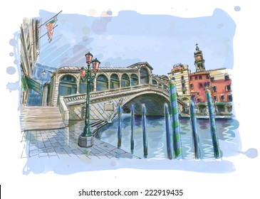 Venecia - Gran Canal. Vista del puente de Rialto. Dibujo de vectores