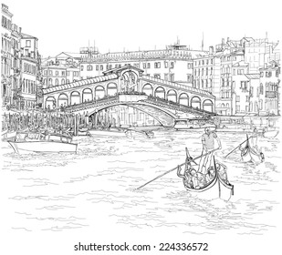 Venice - Grand Canal. View of the Rialto Bridge. Vector drawing