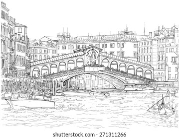 Venice - Grand Canal. View of the Rialto Bridge. Vector drawing