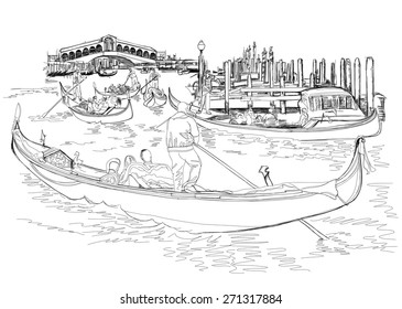 Venice - Grand Canal. View of the Rialto Bridge. The gondoliers floats on a gondola with tourists. Vector black & white sketch