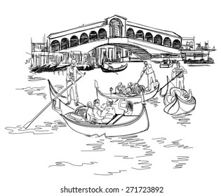 Venice - Grand Canal. View of the Rialto Bridge. The gondoliers floats on a gondola with tourists. Vector black & white sketch