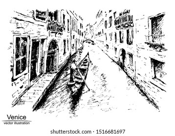 Venice in hand drawn sketch style. Vector illustration on white background. Black and white 
