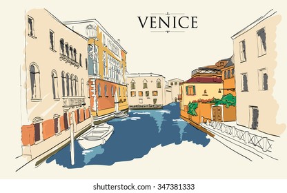 Venice houses. Vector drawing freehand vintage illustration