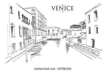 Venice houses. Vector drawing freehand vintage illustration