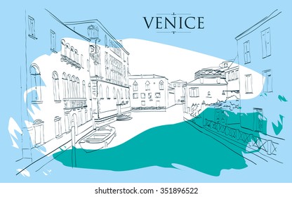 Venice houses. Vector drawing freehand blue vintage illustration