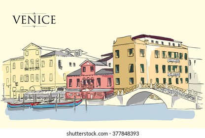 Venice houses. Vector drawing freehand vintage illustration