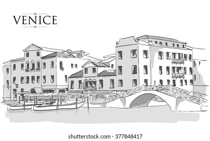 Venice houses. Vector drawing freehand vintage illustration