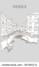 Venice houses. Vector drawing, freehand colored vintage illustration