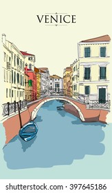 Venice houses. Vector drawing, freehand colored vintage illustration