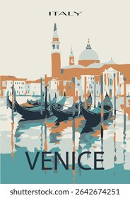 Ilustração de Veneza.  Um canal urbano colorido paisagem, gôndola, gondoleiro em Veneza, Itália. Banner, design de pôster.