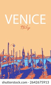 Venice illustration.  An urban colourful landscape canal, gondola, gondolier in Venice, Italy. Banner, poster design.