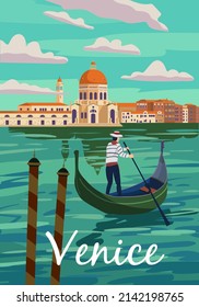 Venice Italia Poster retro style. Grand Canal, gondolier, architecture, vintage card. Vector illustration postcard