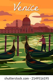 Venice Italia Poster retro style. Sunset Grand Canal, gondolier, architecture, vintage card. Vector illustration postcard isolated