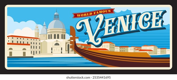 Veneza Itália província vintage placa e adesivo, vetor de estanho sinal. Itália entrada da cidade cantar com viagem símbolo do marco e turismo sightseeing, Grande canal, Gondola Punta e Basilica Salute